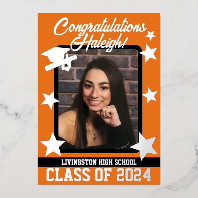 Cap, Diploma, & Stars, Orange & Black Graduation (Front)