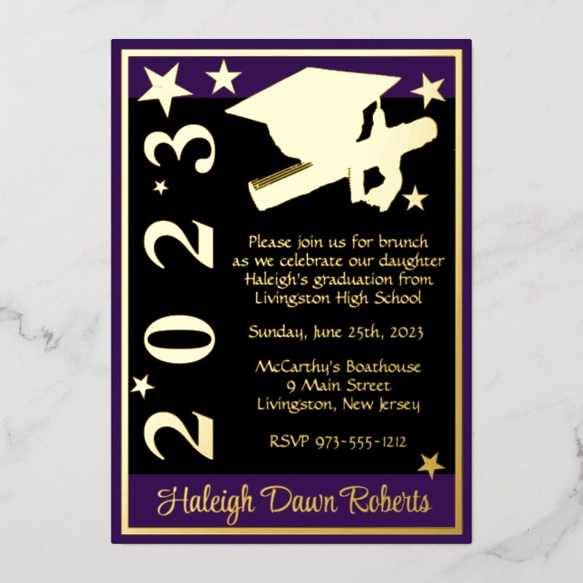 Cap, Diploma, & Stars, Purple, Black, & Gold (Front)