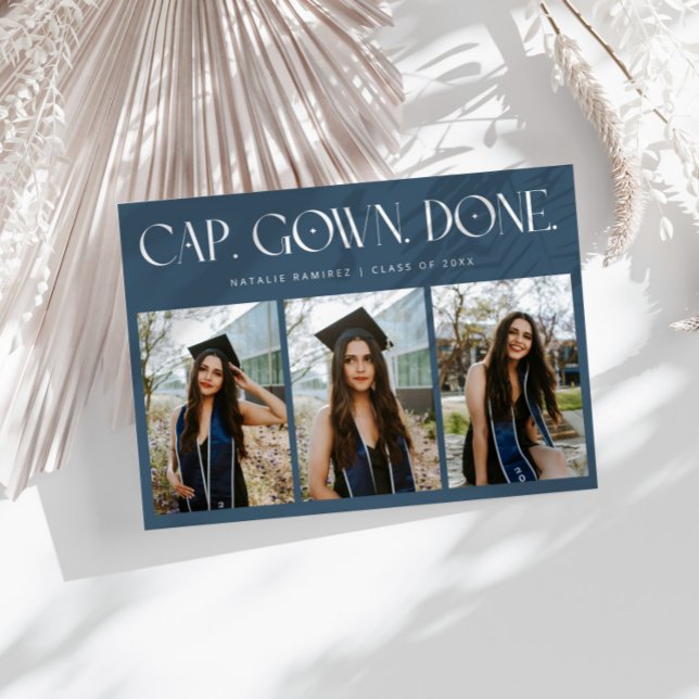 Cap. Gown. Done. Multi Photo Navy Blue Graduation Announcement (Creator Uploaded)