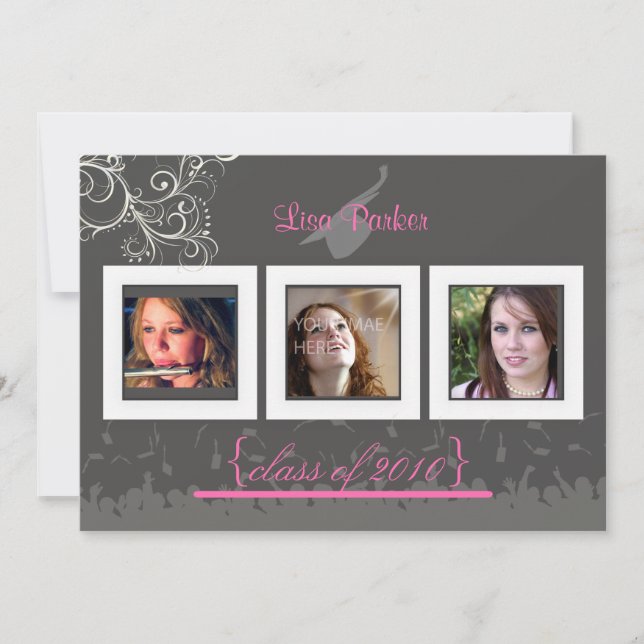 Cap + Gown + Swirls Graduation Invitation /Photos (Front)