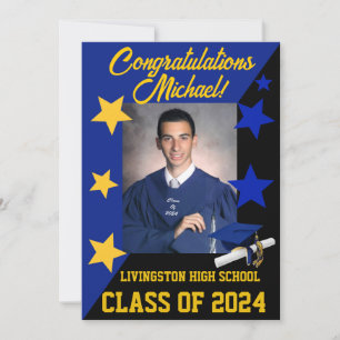 Cap & Stars 5x7 Royal Blue, Black, Gold Graduation Invitation