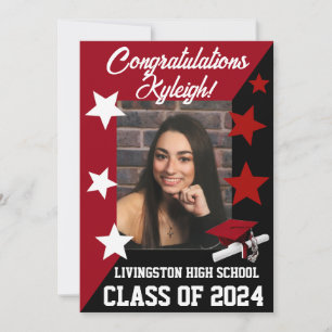 Cap & Stars 5x7 Scarlet Red & Black Graduation Invitation