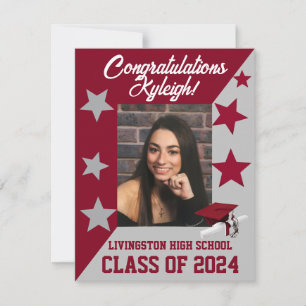 Cap & Stars Cardinal Red & Grey Graduation Invitation