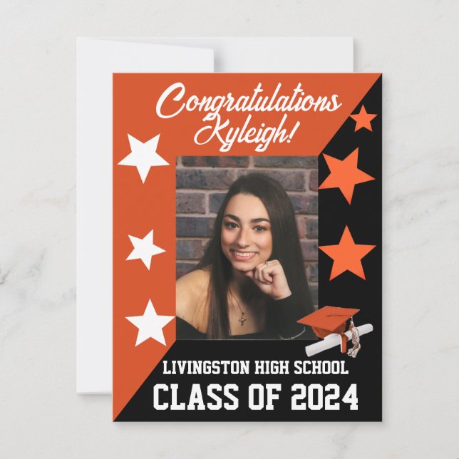 Cap & Stars Orange & Black Graduation Invitation (Front)