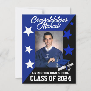 Cap & Stars Royal Blue, White and Black Graduation Invitation