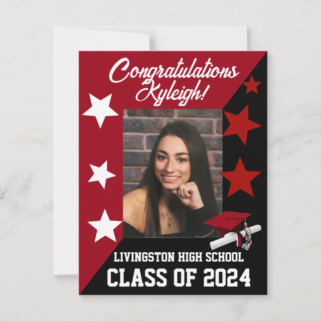 Cap & Stars Scarlet Red & Black Graduation Invitation (Front)