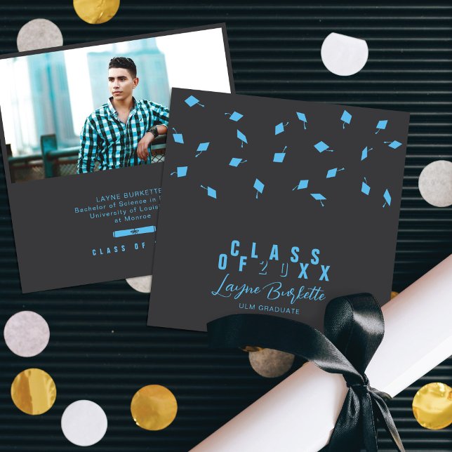 Cap Toss Gray & Blue Graduation Announcement (Creator Uploaded)