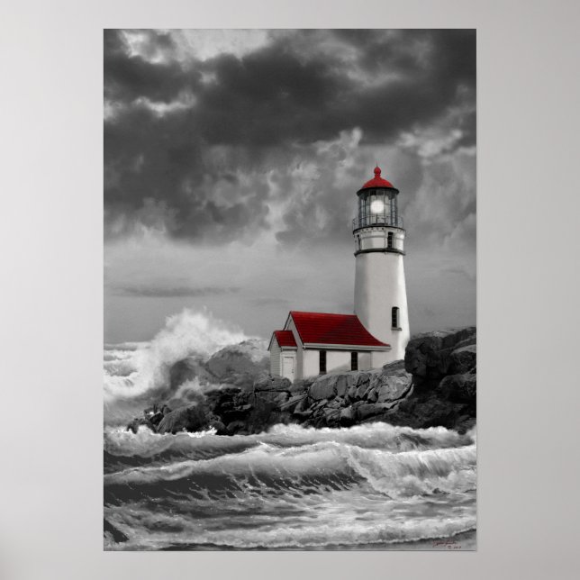 Cape Blanco lighthouse in black and white Poster (Front)