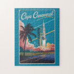 Cape Canaveral Florida Illustration Travel Art Jigsaw Puzzle<br><div class="desc">Cape Canaveral retro vector travel design. Cape Canaveral is a city on Florida's Atlantic coast. The Kennedy Space Centre,  north of the city,  features a NASA shuttle launch simulation and astronaut memorabilia.</div>