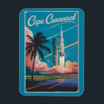Cape Canaveral Florida Illustration Travel Art Magnet<br><div class="desc">Cape Canaveral retro vector travel design. Cape Canaveral is a city on Florida's Atlantic coast. The Kennedy Space Centre,  north of the city,  features a NASA shuttle launch simulation and astronaut memorabilia.</div>
