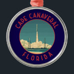 Cape Canaveral Florida Retro Distressed Circle Metal Ornament<br><div class="desc">Cape Canaveral retro vector travel design. Cape Canaveral is a city on Florida's Atlantic coast. The Kennedy Space Centre,  north of the city,  features a NASA shuttle launch simulation and astronaut memorabilia.</div>
