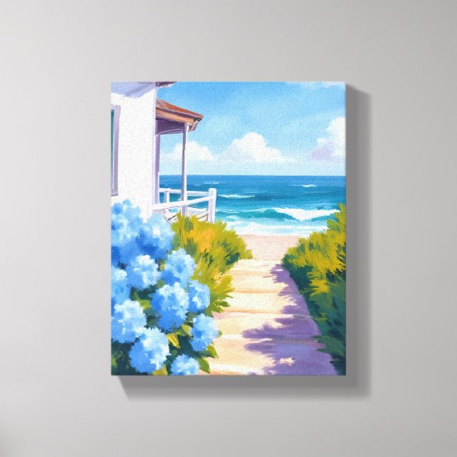 Cape Cod Beach Path | Hydrangea Coastal Painting Canvas Print (Front)