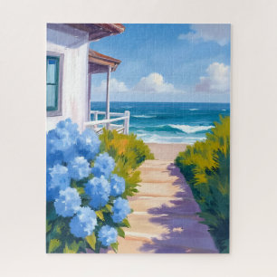 Cape Cod Beach Path   Hydrangea Coastal Painting Jigsaw Puzzle