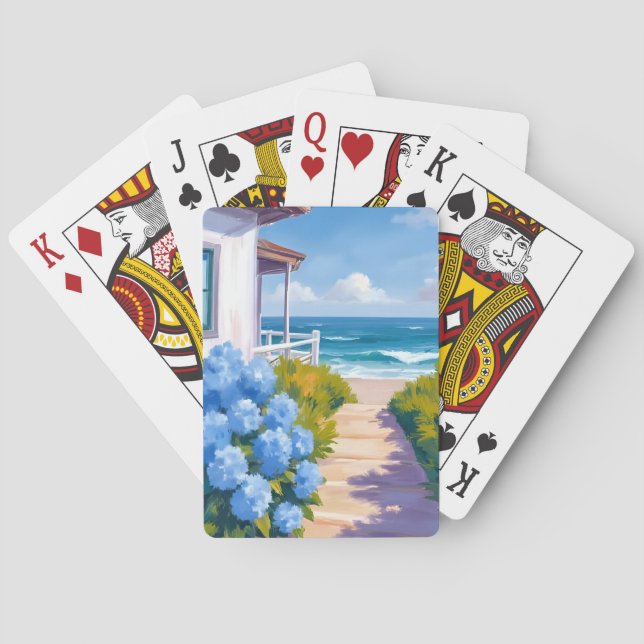 Cape Cod Beach Path | Hydrangea Coastal Painting Playing Cards (Back)