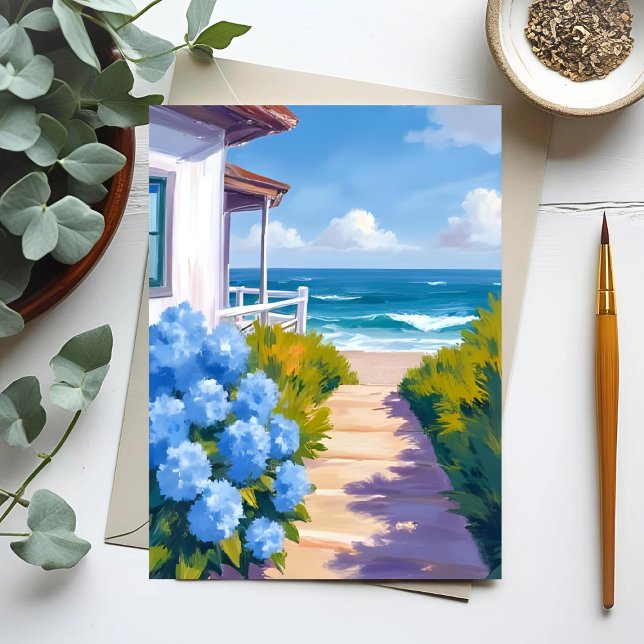 Cape Cod Beach Path | Hydrangea Coastal Painting Postcard (Creator Uploaded)