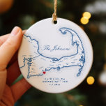 Cape Cod Destination Wedding Our First Christmas  Ceramic Ornament<br><div class="desc">This beautiful ceramic Cape Cod Christmas Ornament is perfect to celebrate a couple's first Christmas as Mr. and Mrs.! Printed on durable ceramic, this navy blue map ornament makes a lovely wedding gift that will be cherished for years. You can move the heart and the map by clicking "Edit using...</div>