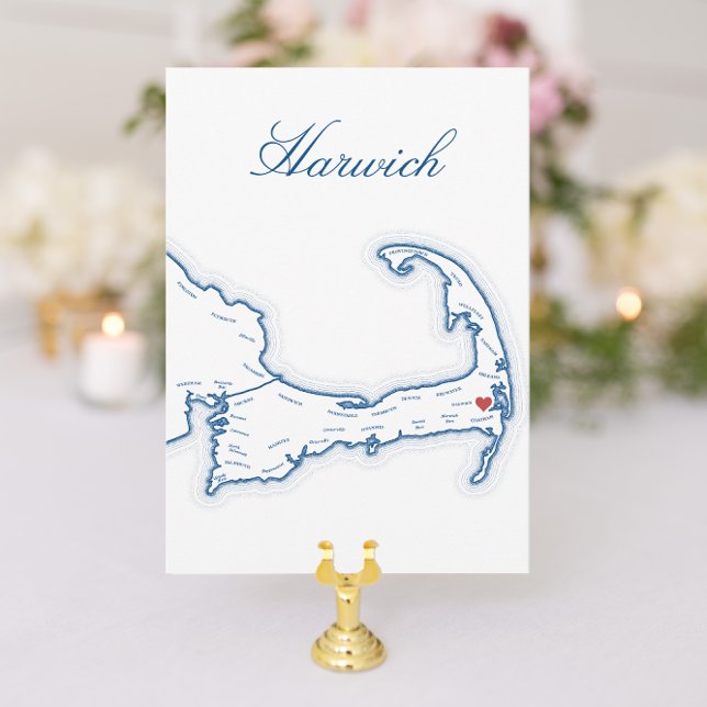 Cape Cod Harwich Map Wedding Table Name Card (Harwich Cape Cod Wedding Table Town Name Cards with elegant navy blue map for Wequassett Resort)