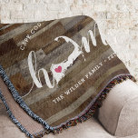 Cape Cod Home Town Personalized Wood Look Throw Blanket<br><div class="desc">Show some hometown pride with this cute rustic faux wood plank throw blanket featuring "home" in white calligraphy script lettering with a silhouette map of Cape Cod standing in for the letter "O." A pink heart illustration inside the state map completes the design; you can change the position of the...</div>