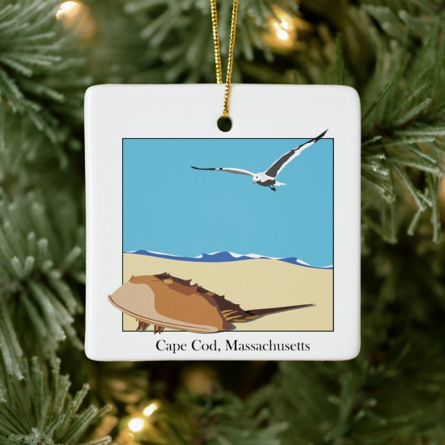 Cape Cod, MA Horseshoe Crab Sea Gull Beach  Ceramic Ornament (Tree)