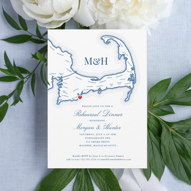 Cape Cod Map Elegant Rehearsal Dinner Invitation (Cape Cod Rehearsal dinner invitations with a map of the Cape are perfect for a destination wedding)