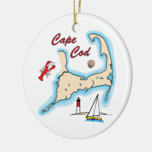 Cape Cod Map Illustration Lobster Sailboat Shell Ceramic Ornament