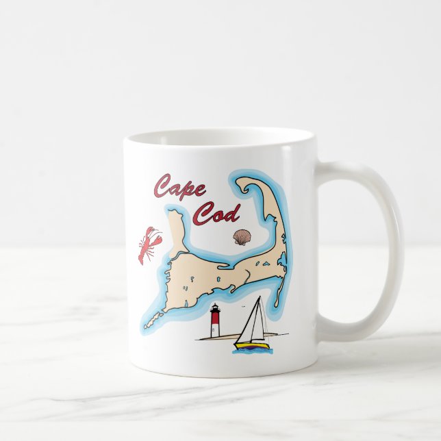 Cape Cod Map Illustration Lobster Sailboat Shell Coffee Mug (Right)