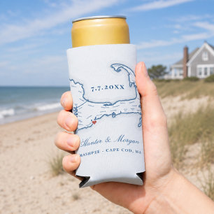 Cape Cod Map Wedding Favour Drink Holder Seltzer Can Cooler