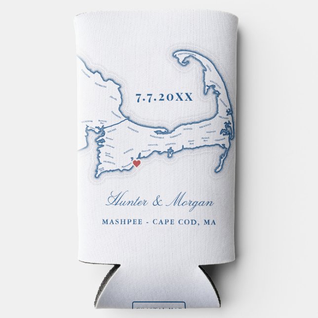 Cape Cod Map Wedding Favour Drink Holder Seltzer Can Cooler (Front)