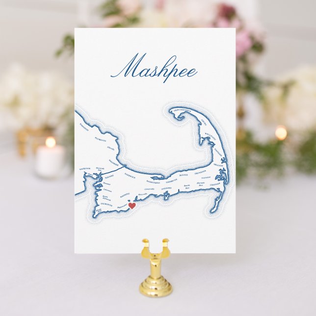Cape Cod Mashpee Map Wedding Table Name Card (Mashpee Cape Cod Wedding Table Town Name Cards fully editable with elegant navy blue map )