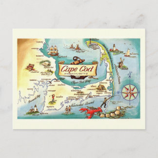 Cape Cod Massachusetts Map Postcard