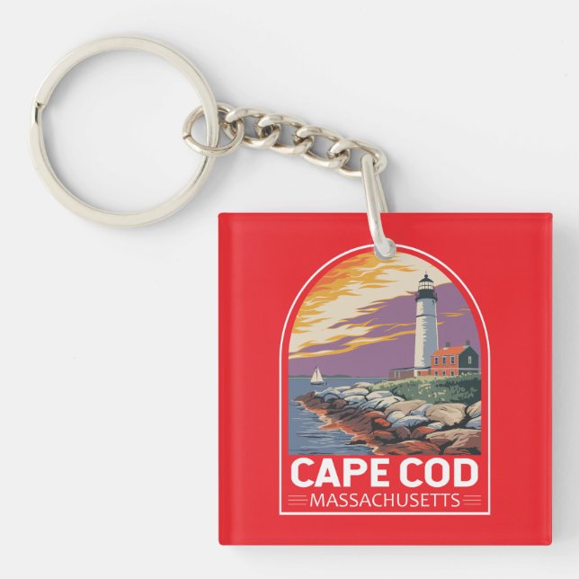 Cape Cod Massachusetts Travel Art Emblem Keychain (Front)