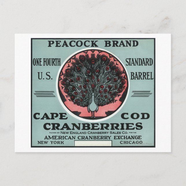 Cape Cod Peacock Brand Cranberry Label Postcard (Front)