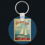Cape Cod Sailboat Vintage Travel Massachusetts Keychain<br><div class="desc">This Greetings From Cape Cod Massachusetts vintage travel nautical design features a boat sailing on the water with seagulls and a blue sky filled with gorgeous puffy white clouds.</div>