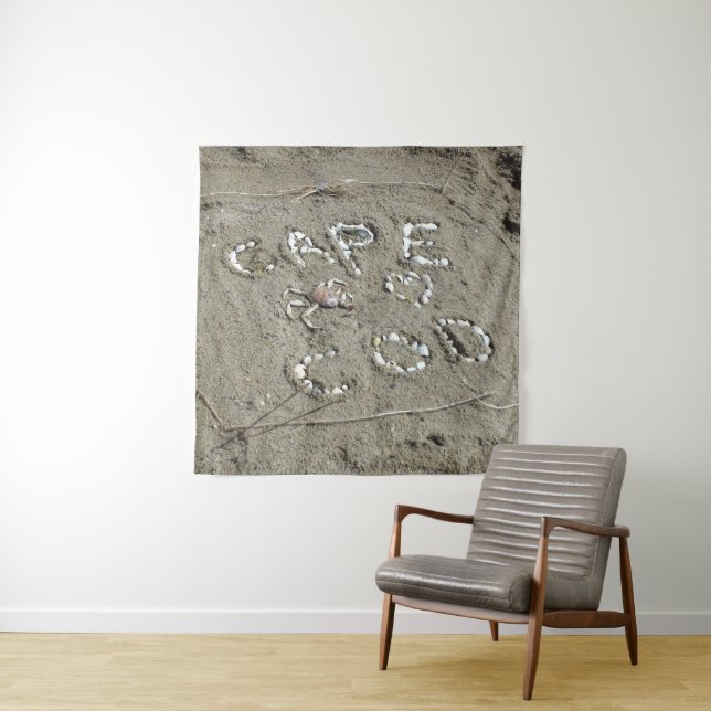 Cape Cod Spelled in Shells and Crab Sandy Beach Tapestry (In Situ)