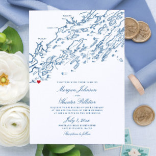 Cape Elizabeth Maine Elegant Navy Map Wedding Invitation