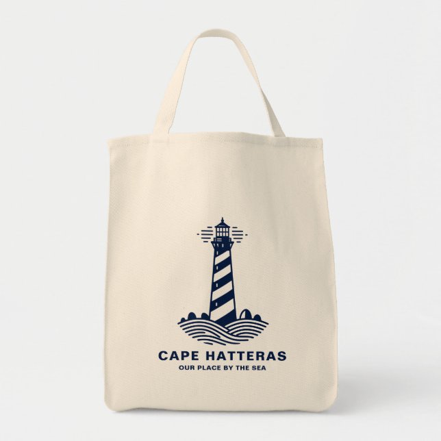 Cape Hatteras Lighthouse – Nautical Blue & White Tote Bag (Front)