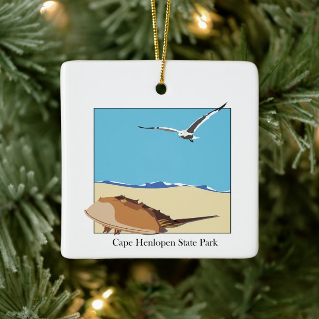 Cape Henlopen DE Horseshoe Crab Seagull Beach Ceramic Ornament (Tree)