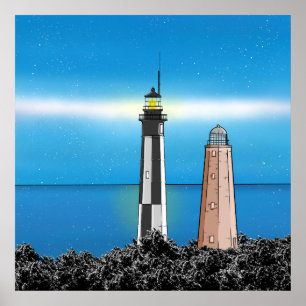 Cape Henry Lighthouses at night Poster