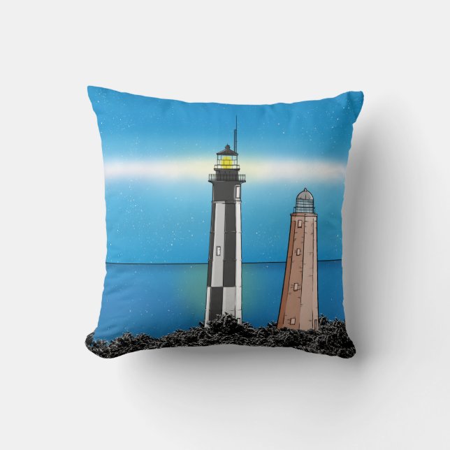 Cape Henry Lighthouses at night Throw Pillow (Front)