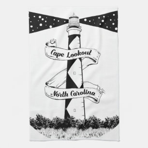 Cape Lookout Lighthouse Black and White Kitchen Towel