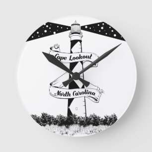 Cape Lookout Lighthouse Black and White Round Clock