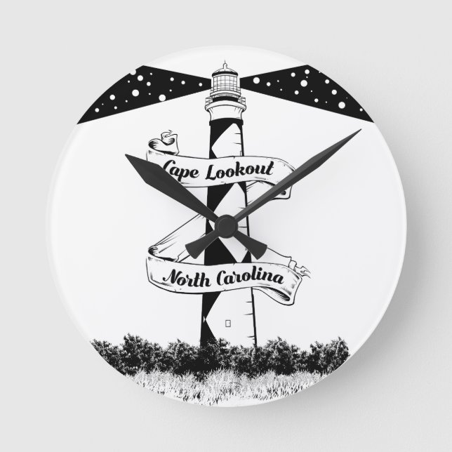 Cape Lookout Lighthouse Black and White Round Clock (Front)