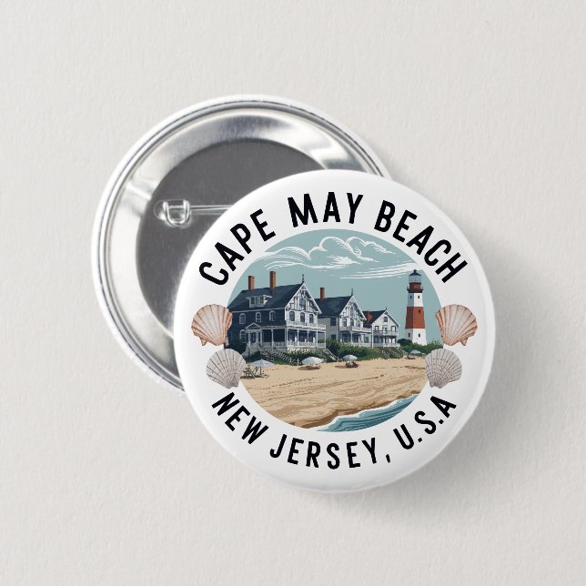 Cape May Beach Retro Vignette 2 Inch Round Button (Front & Back)