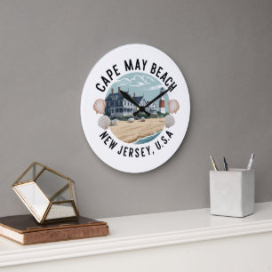 Cape May Beach Retro Vignette Large Clock