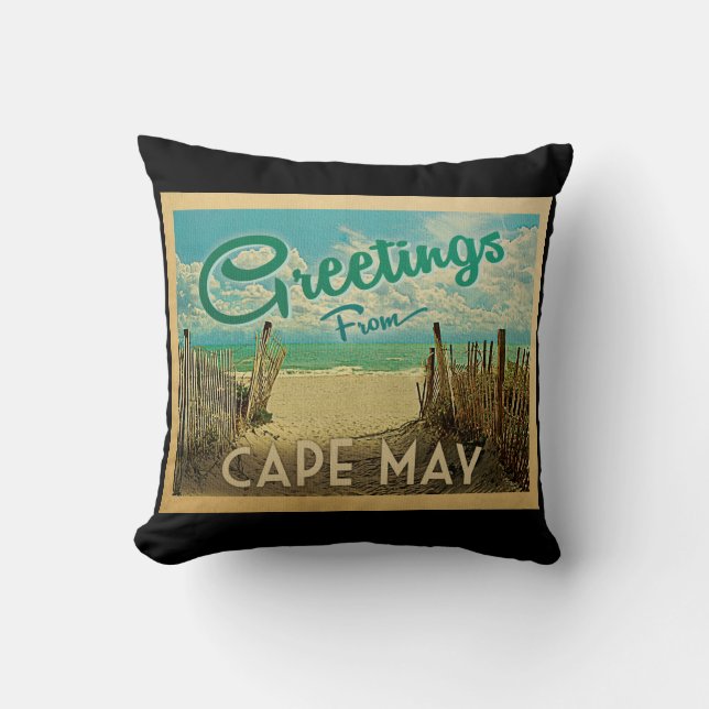 Cape May Beach Vintage Travel Throw Pillow (Front)