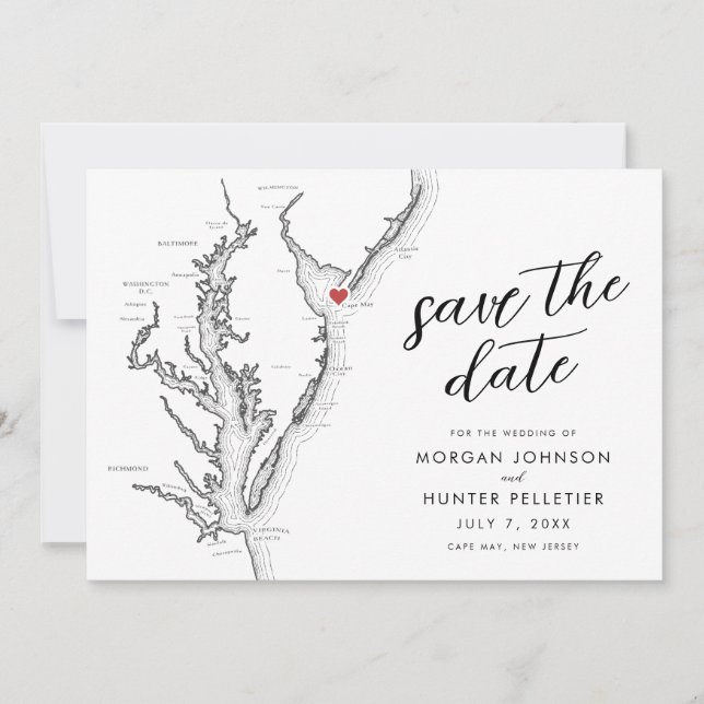 Cape May New Jersey Map Modern Wedding Save The Date (Front)
