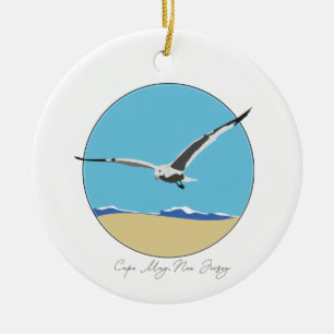 Cape May, New Jersey Sea Gull over Beach Ceramic Ornament