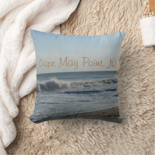 Cape May Point, NJ Ocean Waves Sandy Beach Throw Pillow