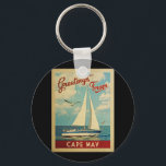 Cape May Sailboat Vintage Travel New Jersey Keychain<br><div class="desc">This Greetings From Cape May New Jersey vintage travel nautical design features a boat sailing on the water with seagulls and a blue sky filled with gorgeous puffy white clouds.</div>