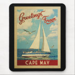 Cape May Sailboat Vintage Travel New Jersey Mouse Pad<br><div class="desc">This Greetings From Cape May New Jersey vintage travel nautical design features a boat sailing on the water with seagulls and a blue sky filled with gorgeous puffy white clouds.</div>